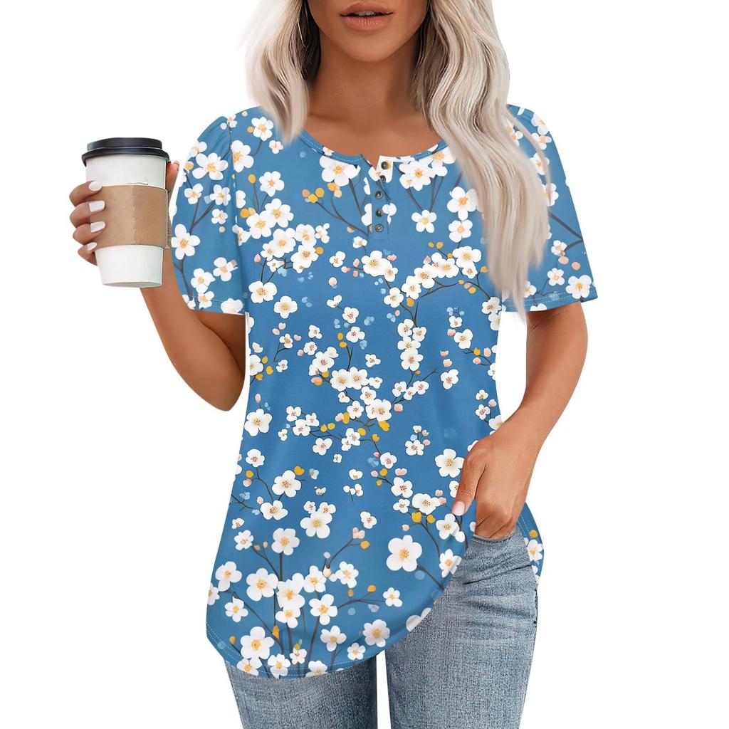 Женский модный повседневный короткий рукав пуловер с принтом на пуговицах и круглым вырезом