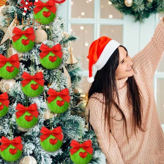 12/16 шт. Рождественские подвесные украшения 6 см зеленые пушистые шарики бант декор легкий многоразовый елочный кулон праздничный декор подарки