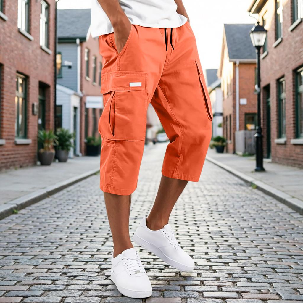 Men’s Drawstring Cargo Pants Multi Pocket Relaxed Fit Seven Quarter Length Casual Trousers for Daily Wear Outdoor Activities