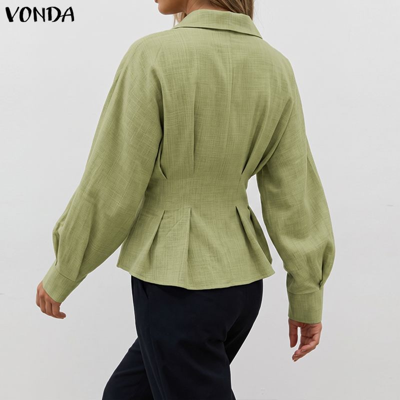 VONDA Женская повседневная блузка-рубашка с отложным воротником, V-образным вырезом, длинными рукавами, застежкой спереди на крестообразные пуговицы, свободного кроя, с баской