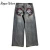 RogueWave Y2k Gothic Heavy Industry Pocket Skull Вышитые джинсы средней посадки для мужчин и женщин Harajuku Streetwear Punk Casual Wide Leg Washed Jeans