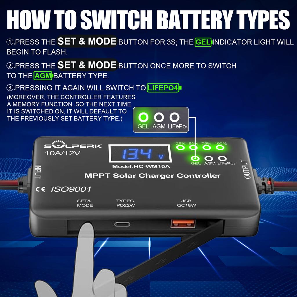 MPPT 10A 12V Контроллер заряда солнечных батарей с ЖК-дисплеем, Контроллер заряда от солнечной панели с выходом Type-C и USB для солнечной панели