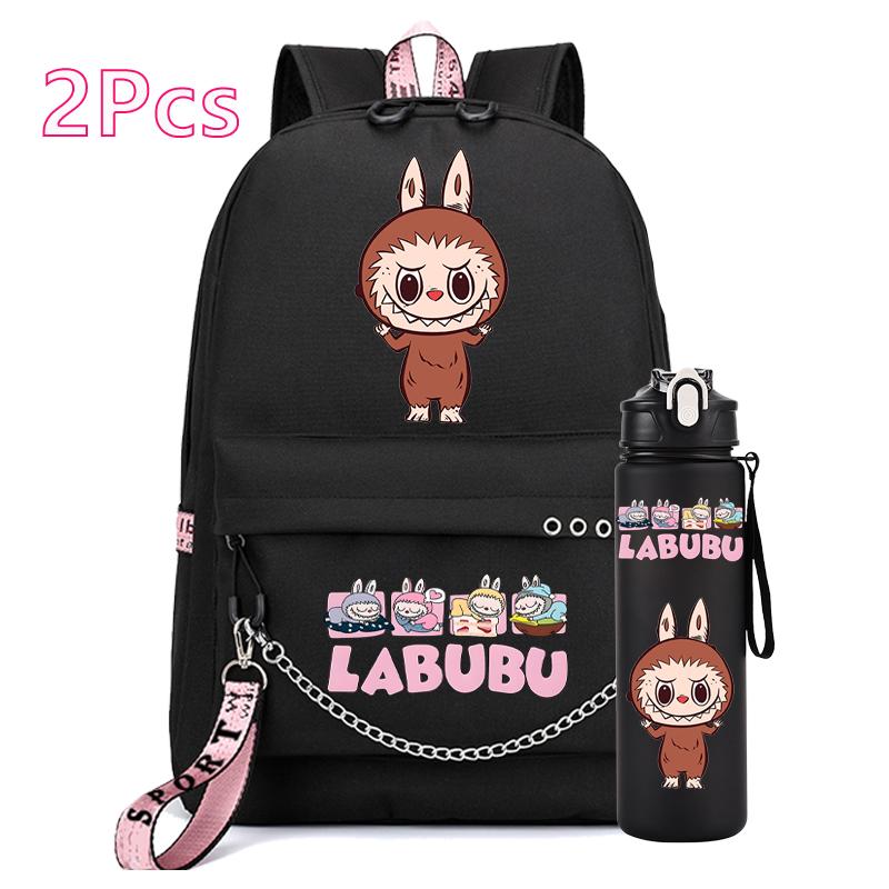 2Pcs/set Anime Printed Backpack Girl Schoolbag Teen Student Back To School Mochila Rucksack Child 750Ml Sport Water Bottle