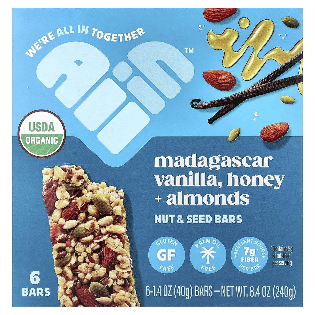All In, Nut & Seed Bars, Madagascar Vanilla, Honey + Almonds, 6 Bars, 40g (1.4oz) Each