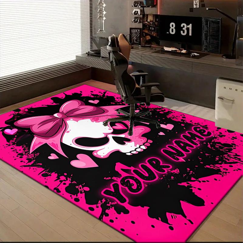 1PC Custom Name Skull Bow Theme Floor Mat Ideal for Living Room, Game Rooms, Office, Bedroom,Floor Mat Playful Design