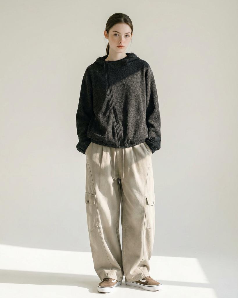 APOSTROPHE COMMA Vertical Pocket Cargo Elastic Waist Wide Pants_Beige