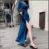 Ранняя осень мода высокое раздвоенное длинное платье женское простое элегантное длинное платье с длинным рукавом ретро длинное вечернее платье женская повседневная однотонная одежда 2807
