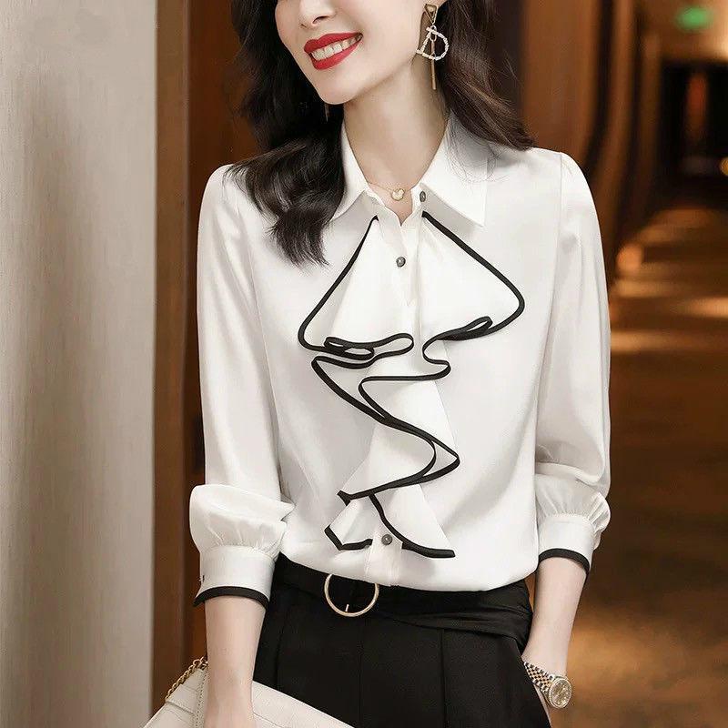 Women's Shirt Ruffles Wave Cut Blouses Spring Autumn New Elegant Fashion Office Lady Shirts Long Sleeve Lapel Tops Ladies