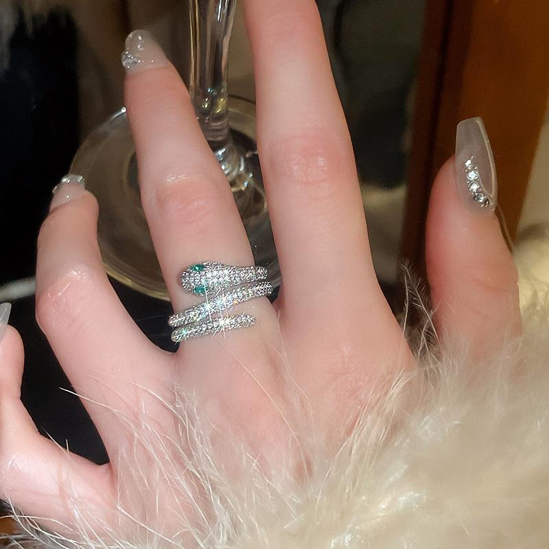 Luxury Zircon Sparkling Diamond Spirit Serpentine Ring Silver Open Ring High Quality Texture Simple and Versatile Trendy Cool Handmade for Women