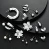 18pcs Bohemian Heart Floral Earring Sets for Women Silver Color Faux Pearl Zircon Geometric C Shape Earrings Daily Wear Jewelry