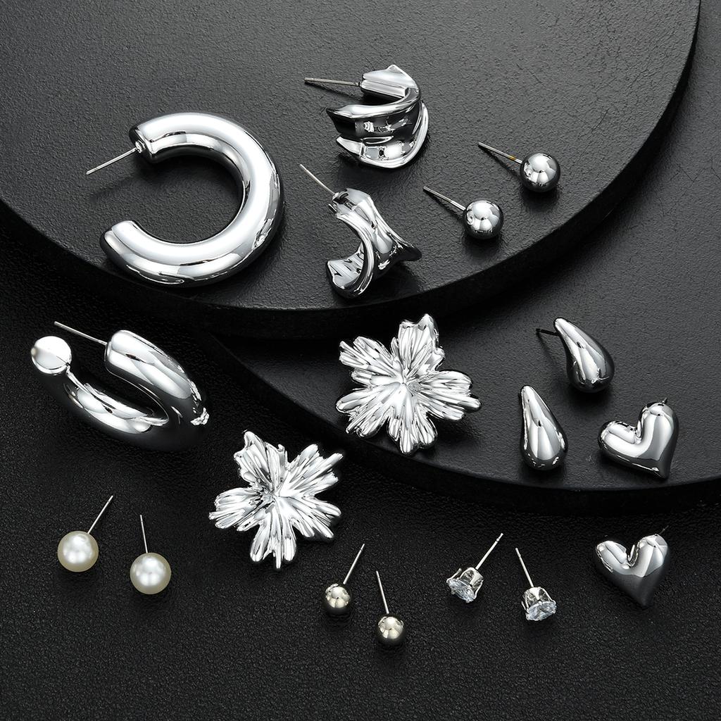 18pcs Bohemian Heart Floral Earring Sets for Women Silver Color Faux Pearl Zircon Geometric C Shape Earrings Daily Wear Jewelry