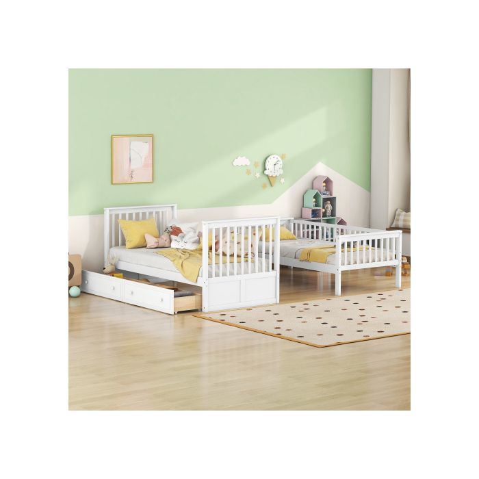 Lits superposés - MUVOE - 90x200cm - Blanc - Avec tiroirs - Sécurisé pour enfants