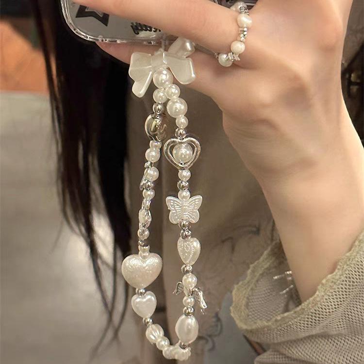 INS Bowknot Suitable Phone Case Chain DIY Pearl Baroque Style Phone Chain CCD Camera Pendant for Girls