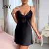 Elegant Nightwear Women Women's Satin Nightgown, Sexy V Neck Chemise Full Nightdress with Suspenders Slip Sleepwear, Sleeveless Sheer Lace Mini