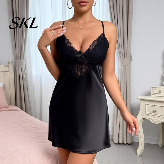 Elegant Nightwear Women Women's Satin Nightgown, Sexy V Neck Chemise Full Nightdress with Suspenders Slip Sleepwear, Sleeveless Sheer Lace Mini