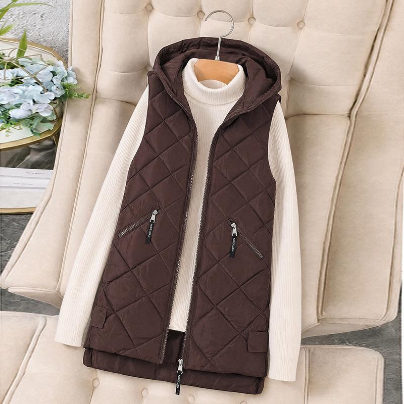 Women's autumn and winter down cotton vest hooded sleeveless cotton vest thermal vest medium and long cotton vest women
