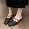 Fashion Mesh Covered Head Slippers Summer New Square Head Shallow Mouth Sequin Metal Buckle Non-slip Square Heel Shoes