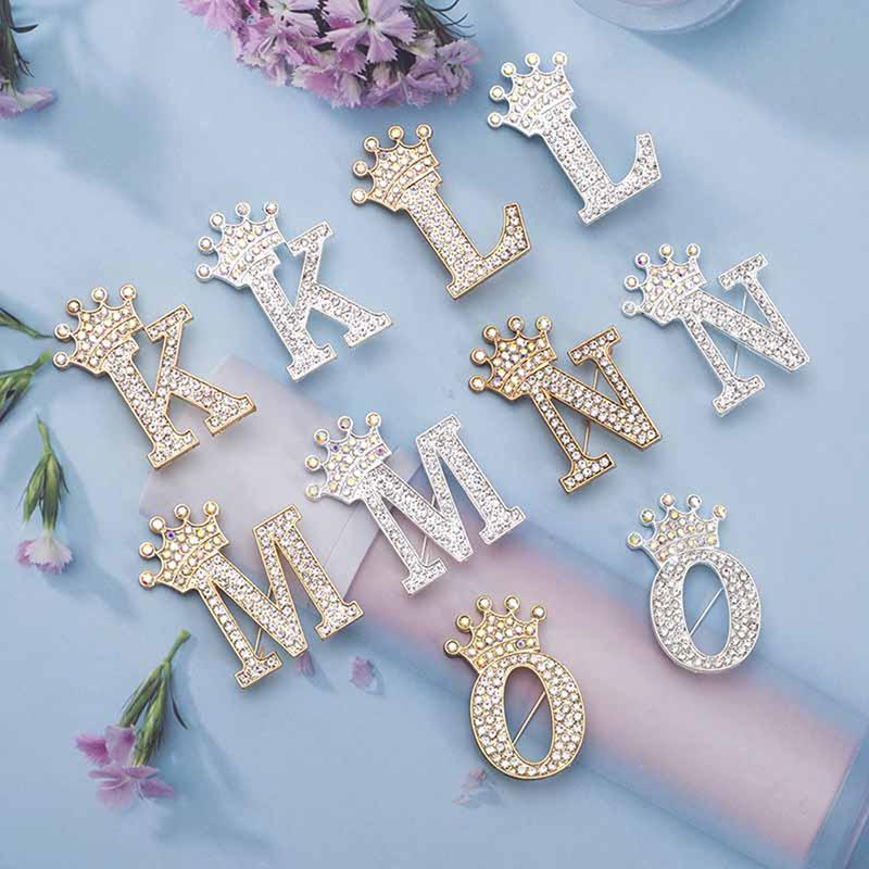 Fashion Crown 26 Initial Letters A To Z Crystal Rhinestone Brooch Pins Women