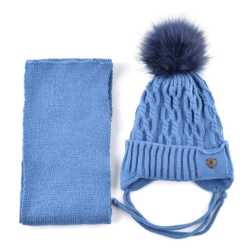 Winter Hats Scarf Set For Kids Warm Knitted Beanies With Pompom Children Twist Pattern Knit Hat Boys