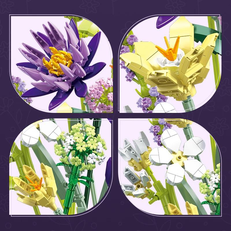 891 шт. романтический букет цветов, строительные блоки, вечные цветы, растения, сборные кирпичи, креативное украшение для рабочего стола, подарки для девочек, игрушки