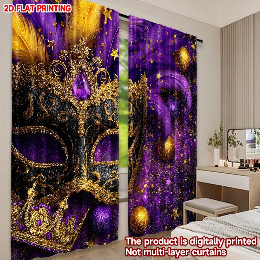 2D flat printing 2pcs Curtain Window Curtains Mardi Gras Mask Design(1) Digital Printed Polyester Drapes Party Decorations Use