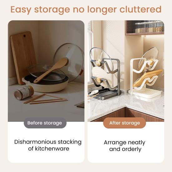 Yousheng Настольный органайзер для крышек от кастрюль, подставка для хранения крышек от сковородок со съемным поддоном для капель и подставкой для ложки, органайзер для кухонной столешницы во время приготовления пищи для крышек
