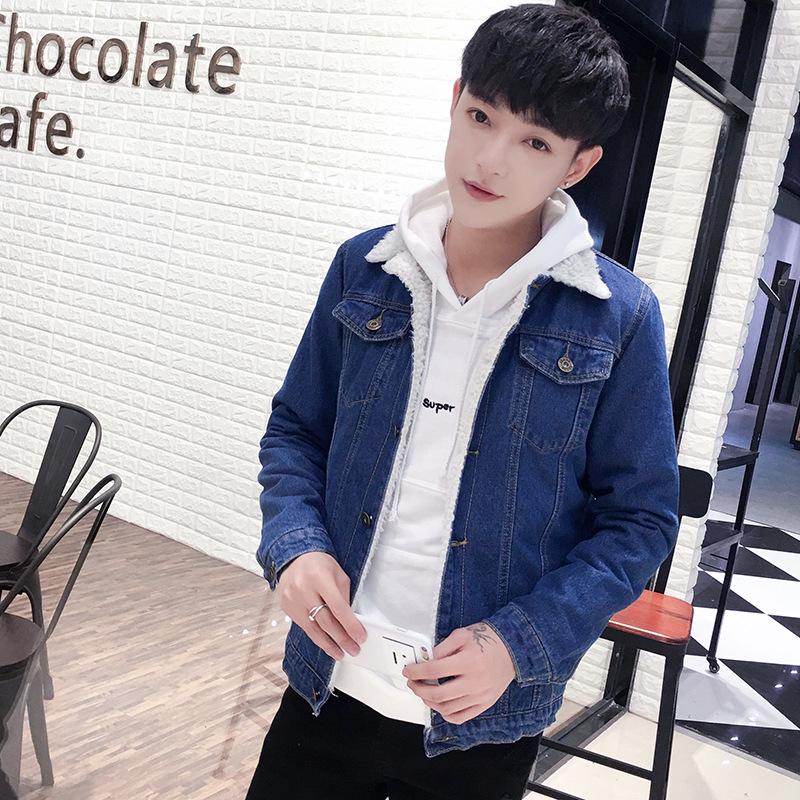 Мужская зимняя облегающая джинсовая куртка из бархата с имитацией овечьей шерсти