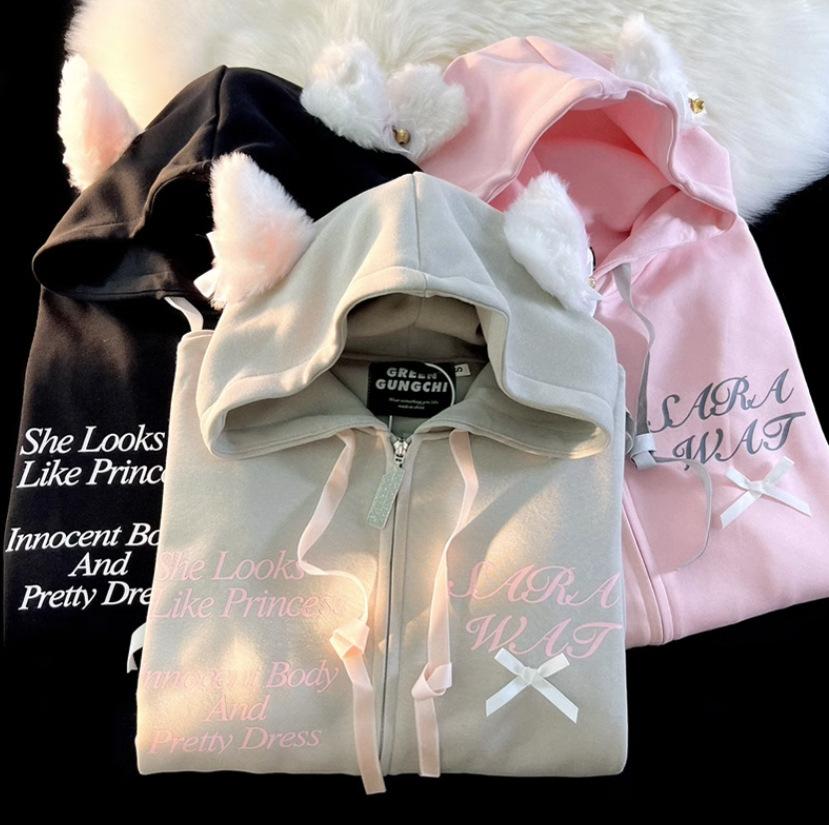 Американский сладкий и крутой ветер кошачьи ушки с капюшоном свитер женский весна и осень 2025 года дизайнерское чувство нишевый ленивый шик парный кардиган