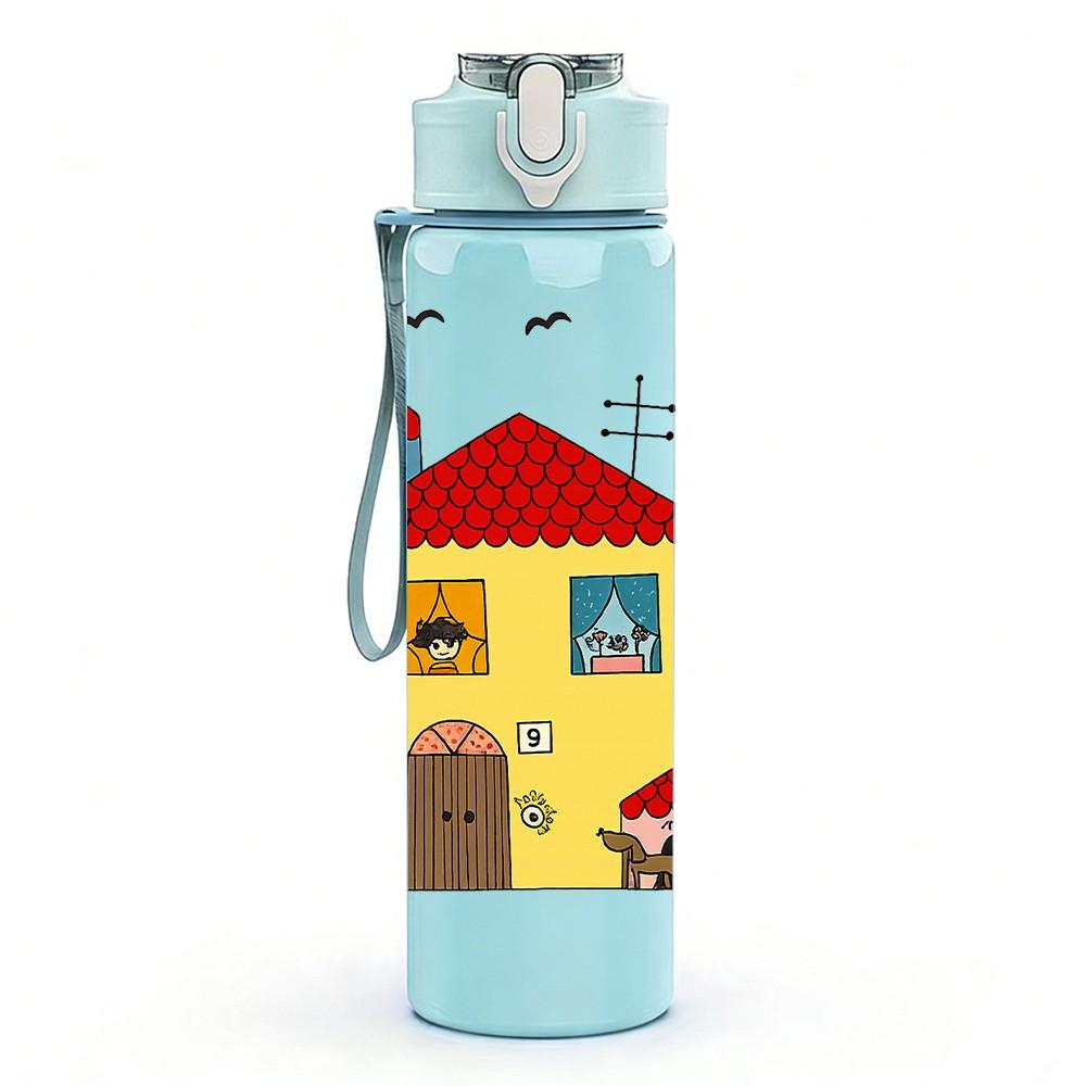 1PC Country Small House Print 750ml Color Plastic Sports Water Bottle Leakproof Flip Straw Lid Suitable for Sports Office Home Use