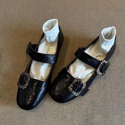 Версия из мягкой кожи~ Неглубокие туфли Мэри Джейн на плоской подошве с универсальной пряжкой-однословом, женские ретро-туфли со стразами, удобные туфли-лодочки на низком каблуке