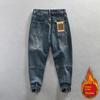 Tw Autumn and Winter Fleece-Lined Thickened Jeans for Men, Hong Kong Style Trendy Brand Workwear, Loose Nine-Point Length Pants, Warm