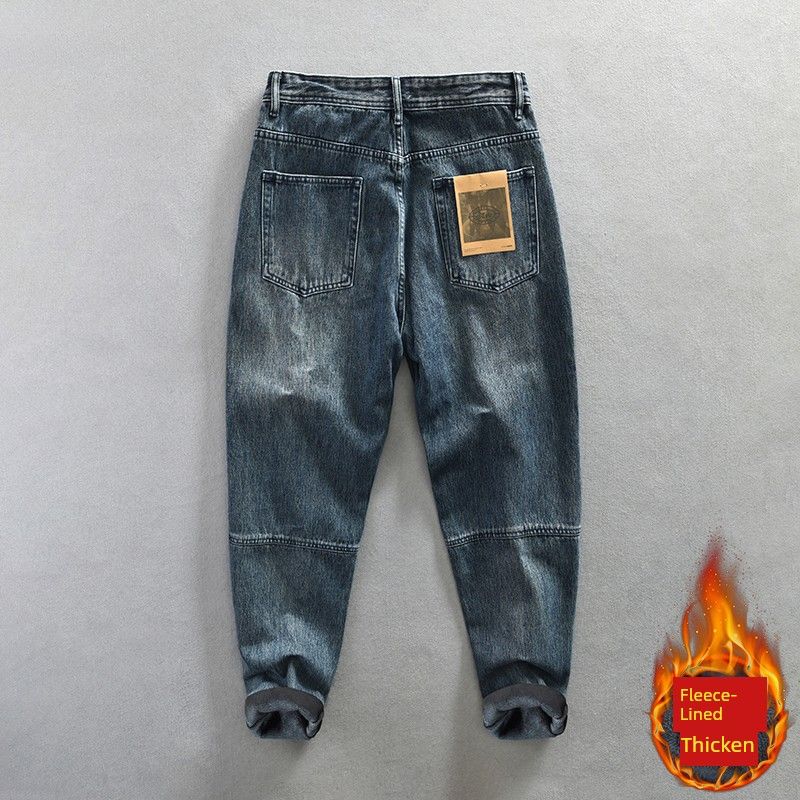 Tw Autumn and Winter Fleece-Lined Thickened Jeans for Men, Hong Kong Style Trendy Brand Workwear, Loose Nine-Point Length Pants, Warm
