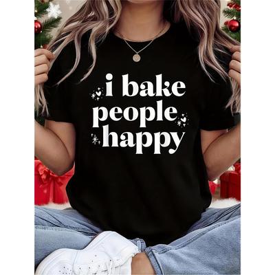 Женская забавная футболка I Bake People Happy с принтом кекса и скалки - Приталенная, с коротким рукавом, с круглым вырезом, черный топ