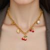 Adjustable Fruit Inspired Cherry Strawberry Necklace Vibrant Red Pendant Dainty Titanium Steel Chain Jewelry
