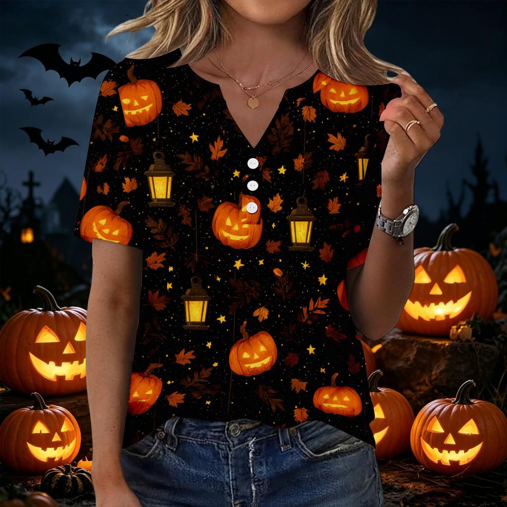 Women Casual Halloween Print V Neck Short Sleeve Button Decor T Shirt Top Lightweight Comfortable Fashionable Design