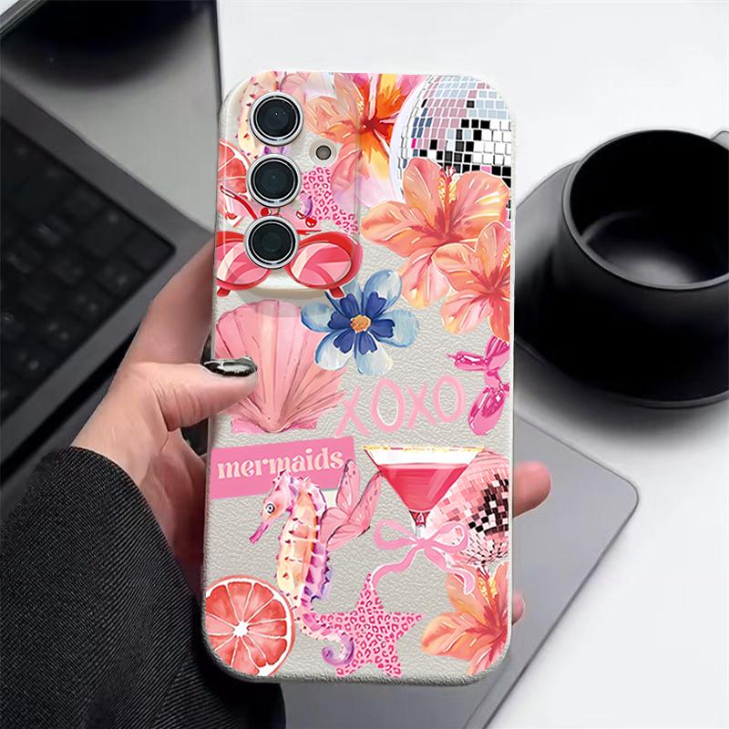 Розовый Чехол с Мультяшным Цветочным Рисунком для Samsung Galaxy A57 A56 A55 A54 5G A37 A36 A35 A34 A17 A16 A15 A14 Силиконовый Чехол с Текстурой Кожи