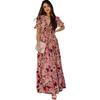 Summer Women's Printed Short Sleeve Dress V-Neck Waist Slim Loose Swing Long Dresses