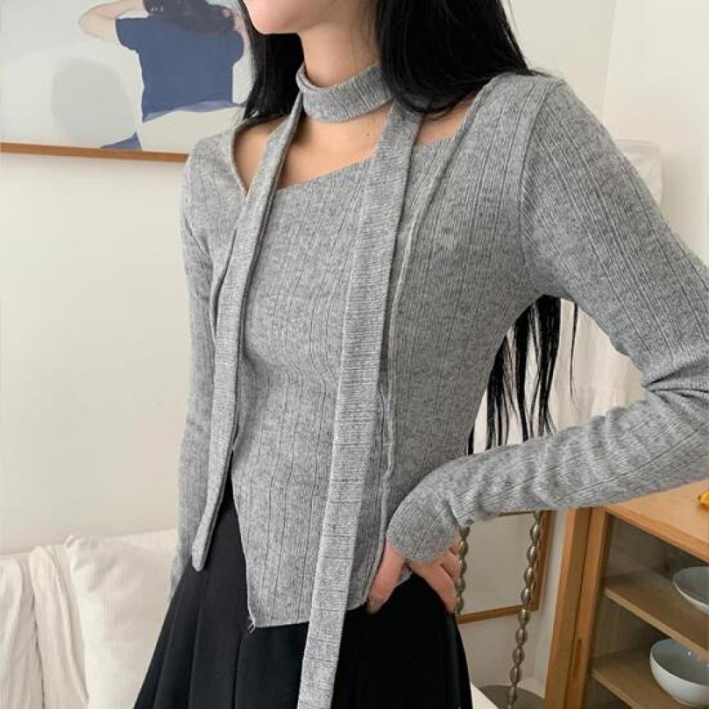 New Arrivals Open Run Slim Fit Long Tie Square Neck Long Sleeve Knit