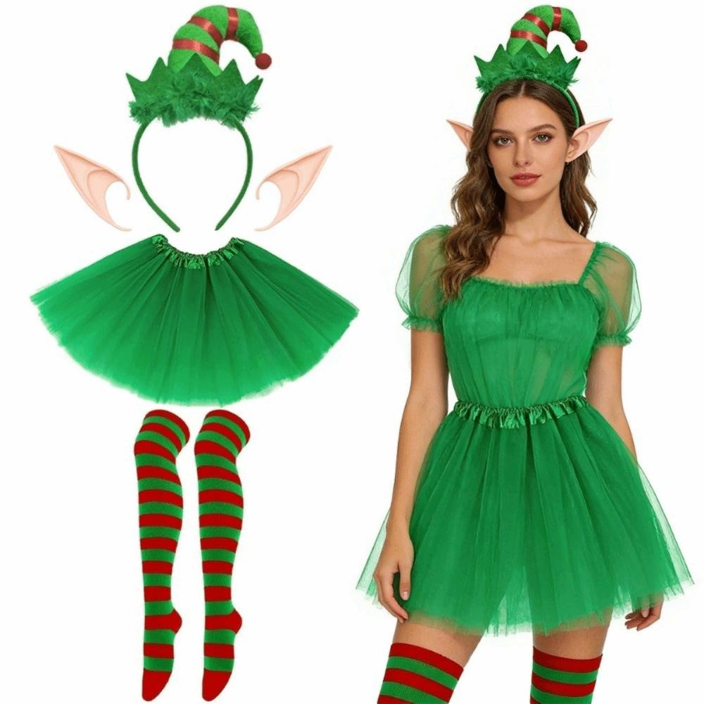 Fancy Dress Striped Christmas Elf Costume Performance Outfits Tulle Skirt Elf Dress Halloween Christmas Cosplay Suit Fancy Dress