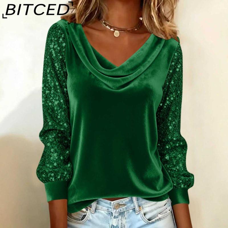 BITCED Модная женская бархатная футболка с пайетками, пэчворк, с длинным рукавом