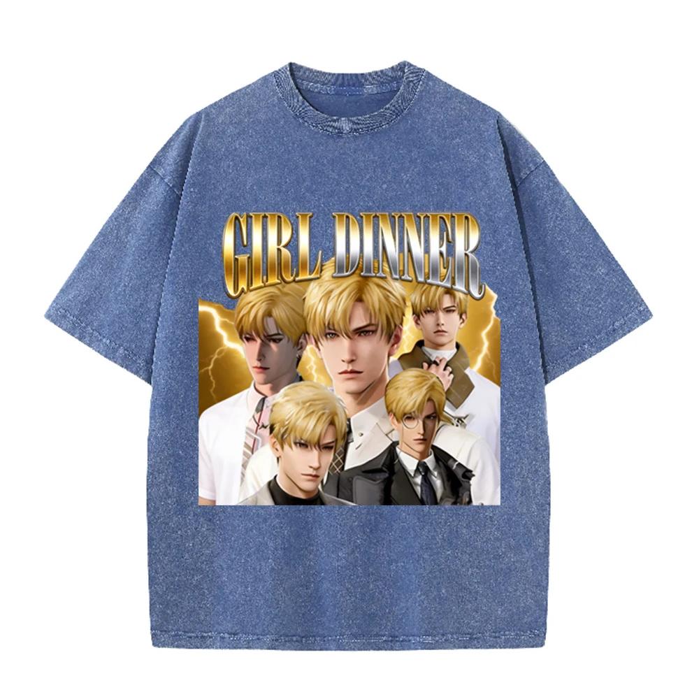 2026 Vintage Golden Hair Handsome Man Portrait Lightning Graphic Washed T Shirt Trendy Oversized Casual Short Sleeve Streetwear