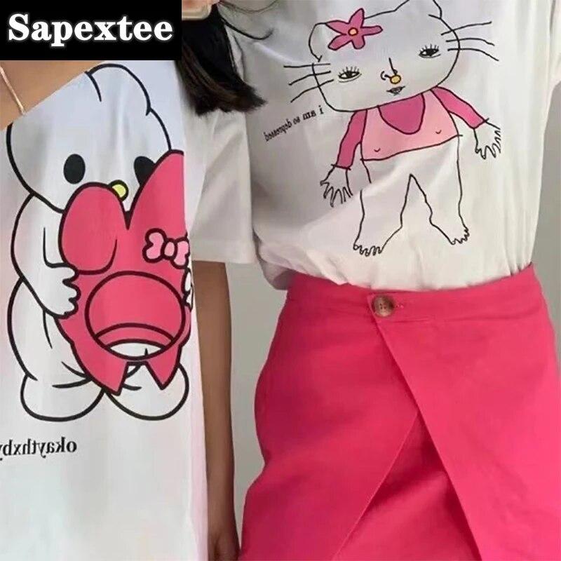 Японские футболки с принтом «забавный котенок» в японском стиле Харадзюку для девочек, белый хлопковый топ больших размеров с круглым вырезом, женская футболка в стиле гранж с короткими рукавами