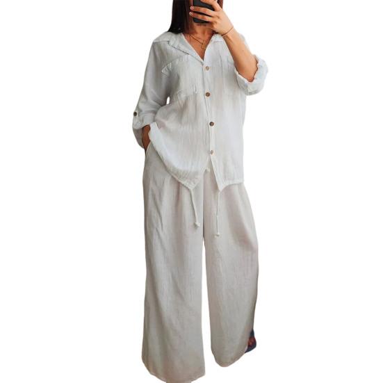 Женский комплект из хлопка и льна, 2 предмета, повседневная блузка с длинным рукавом на пуговицах и брюки с широкими штанинами, с кулиской по низу, для отдыха