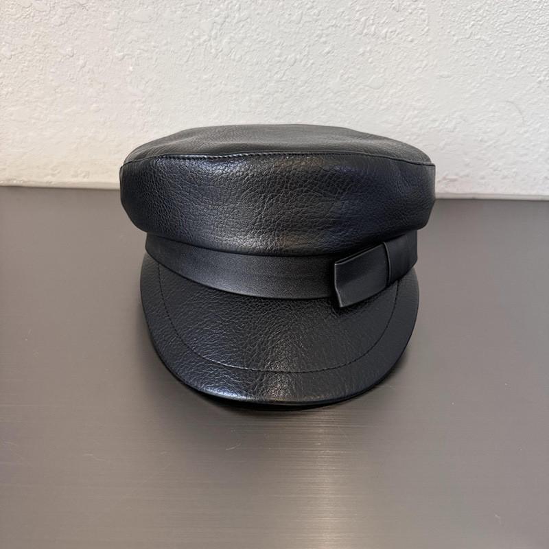 Лицо Однотонный Утягивающий Темно-синий Кепка Короткий Козырек Кожаный Материал Женские Принадлежности