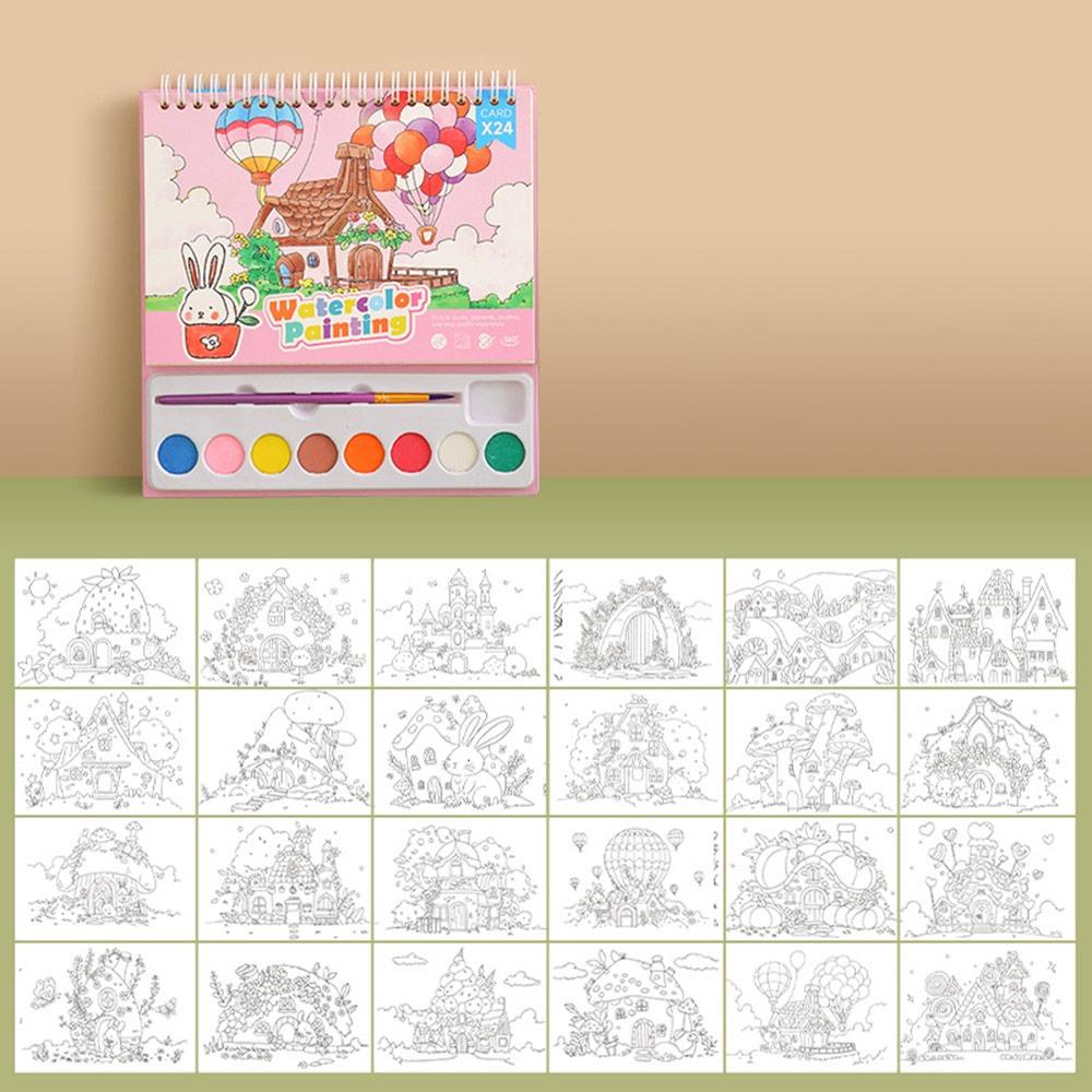24 Pages Watercolor Painting Book with 8 Color Pigment Gouache Painting Set Tabletop Ornament