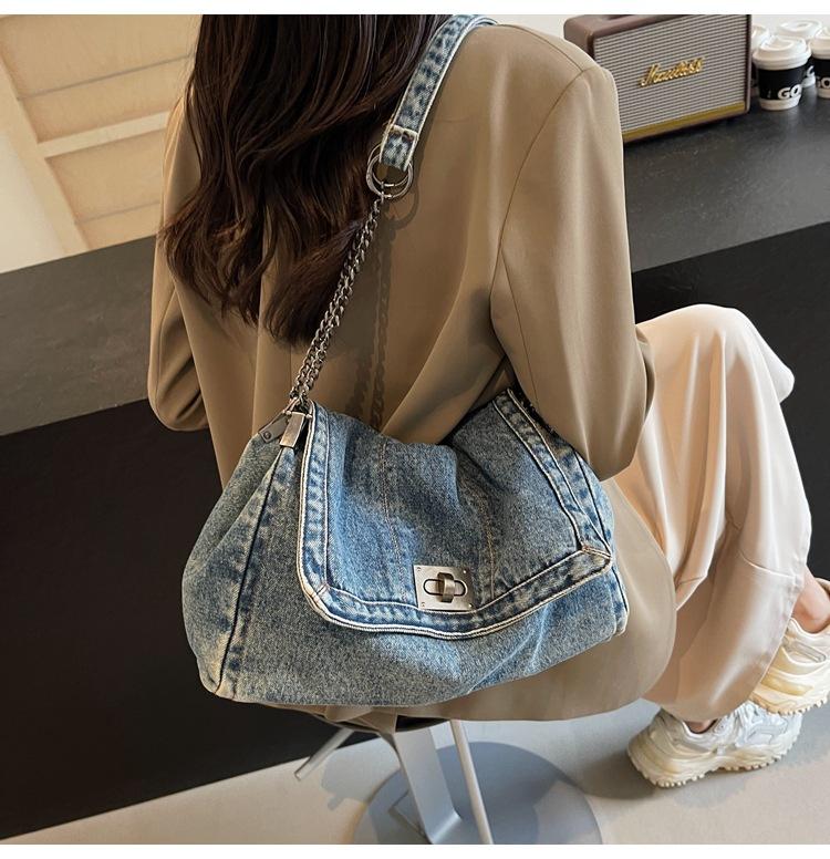 Retro Casual Denim Bag Women's 2024 New High-end Chain Shoulder Bag Large-capacity Commuter Tote Bag
