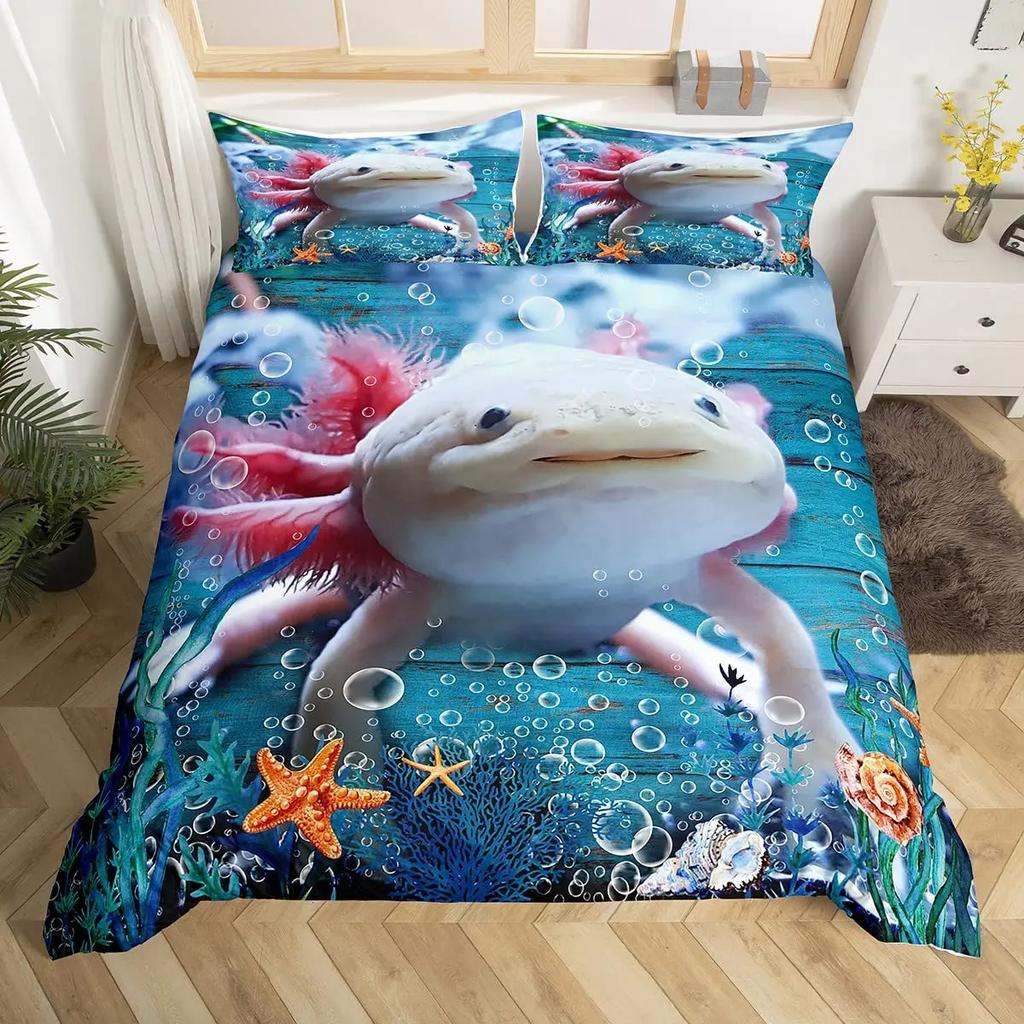 Axolotl Duvet Cover Set Pink Newt Wildlife Comforter Cover With Pillowcases Cartoon Octopus Animal Kawaii Style Twin Quilt Cover