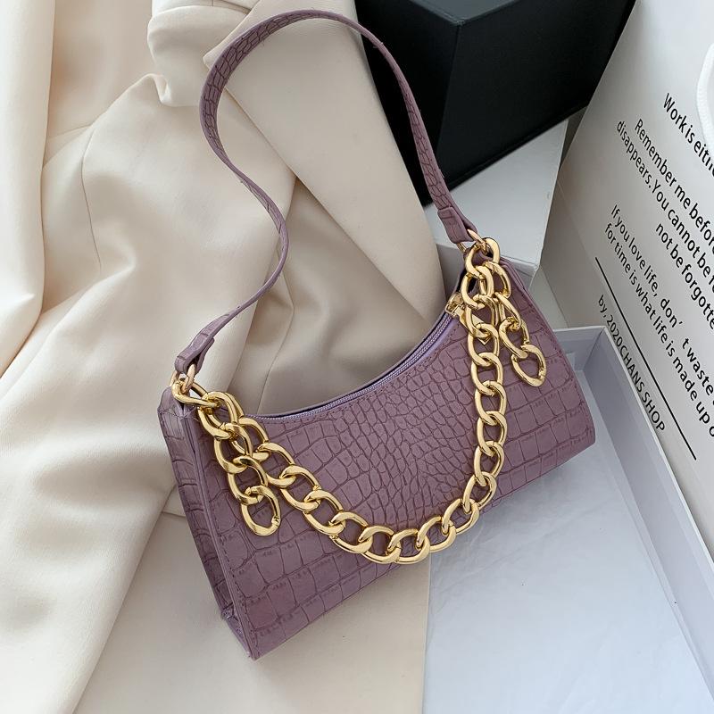 Retro Baguette Bag Shoulder Chain Women's Bag 2025 New French Personality Crocodile Pattern Purple Underarm Bag Tide