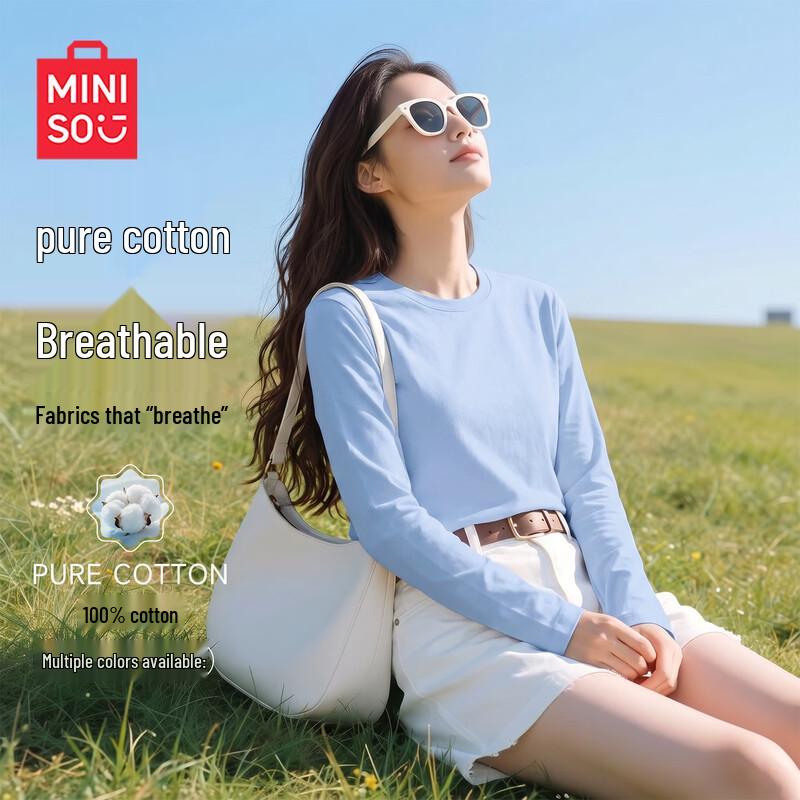 MINISO Женская повседневная футболка с длинным рукавом из чистого хлопка, Осень 2026