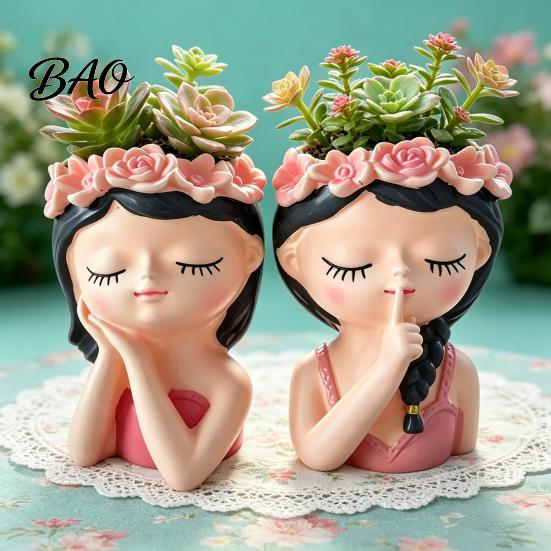 Pen Holder Organizer Cute Girl Planter Pot, Resin Statue for Indoor Outdoor Plants, Decorative Flower Container Pot Succulents, Makeup Brush